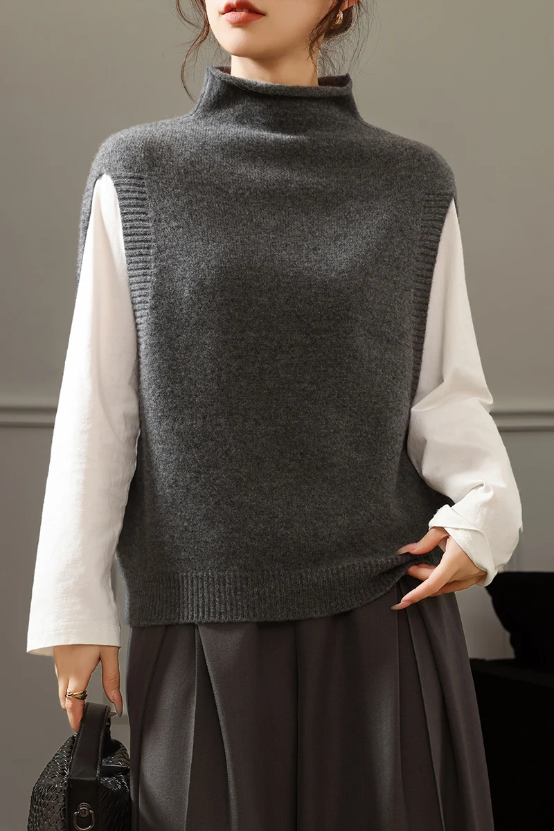 

Женский жилет из 100% мериносовой шерсти, без рукавов, с воротником-стойкой, однотонный, вязаный, толстый, для осени и зимы, повседневная одежда