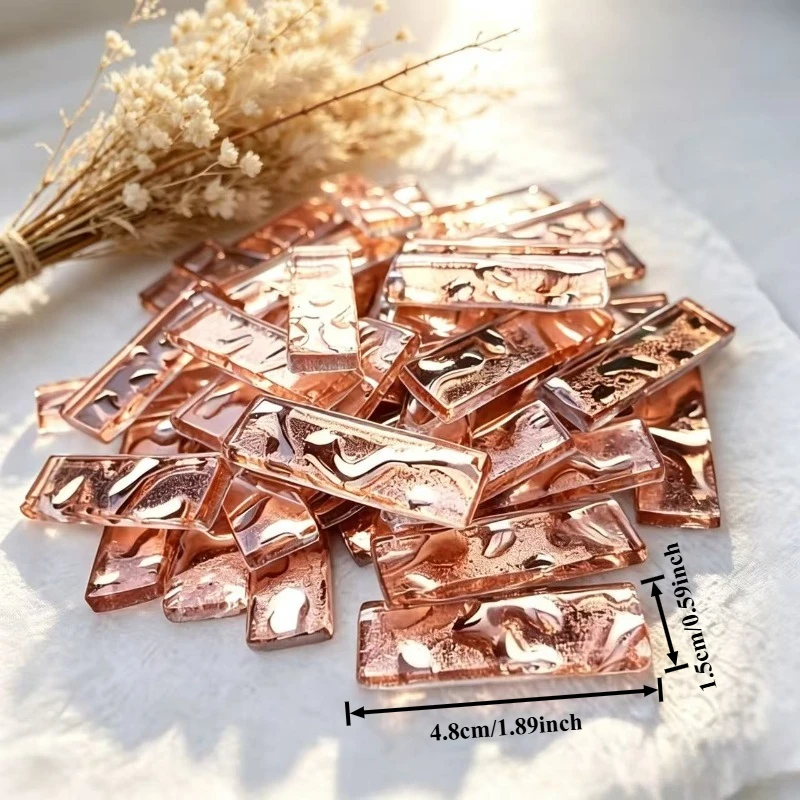 100/200g mosaic rose pink long strip craft iridescent textured glass tiles, featuring a classic romantic concave-convex texture, used for creating spatial mirror surfaces, home decoration, wall and bar counter decorati