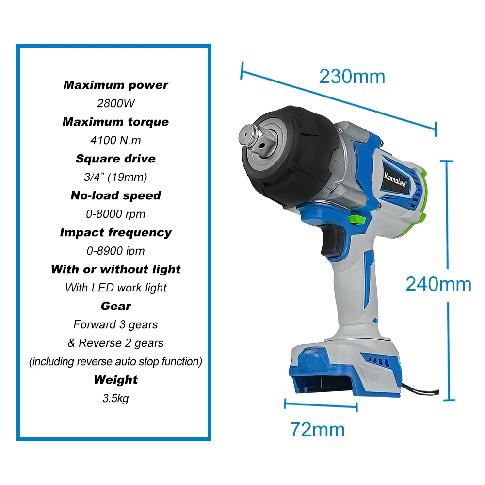 Kamolee 4100NM Brushless Electric Wrench 3/4 inch Cordless Impact Wrench Handheld Power Tool For Makita 18v Battery