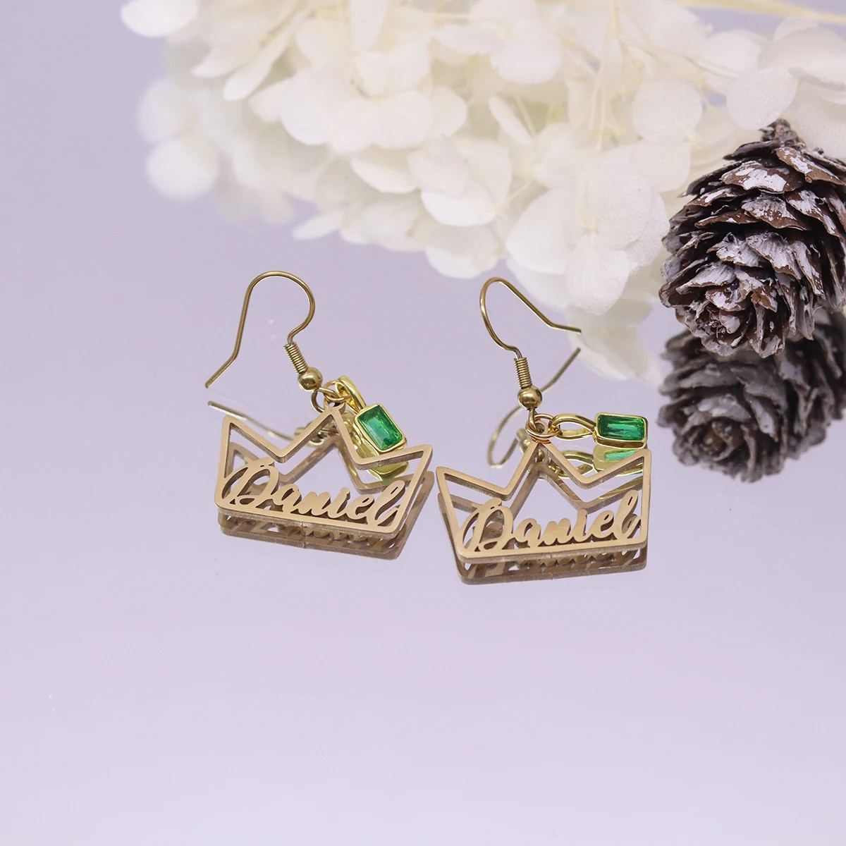 Chandler Custom Name Crown Earrings with Green Zircon, Princess Themed Dangle Earrings, Ethnic Jewelry for Women