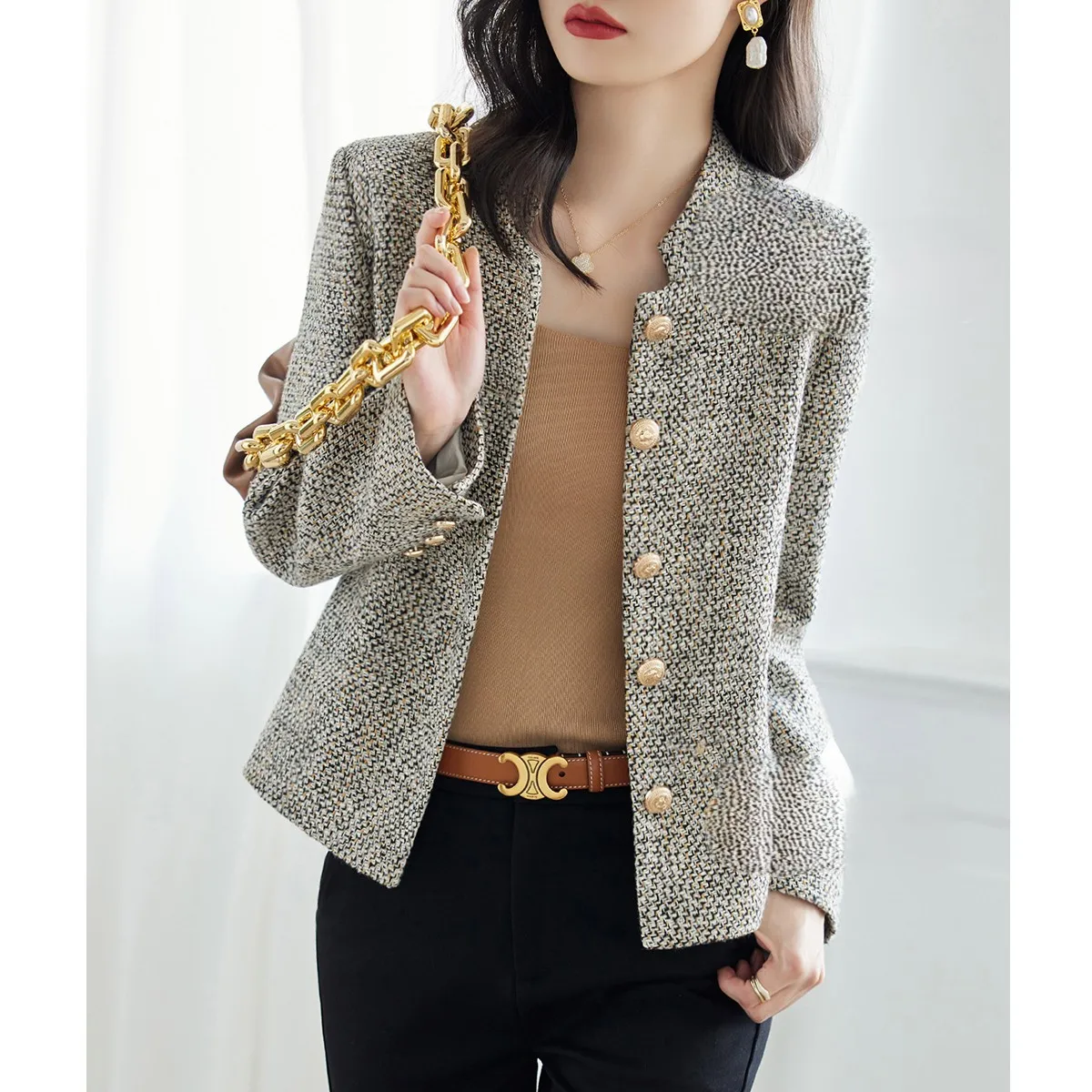 

Tweed Jackets Woman Cropped Womens Autumn-Winter Cotton-Padded Flocked Woolen Thermal Fur-Collar Adjustable Waistband Multicolor