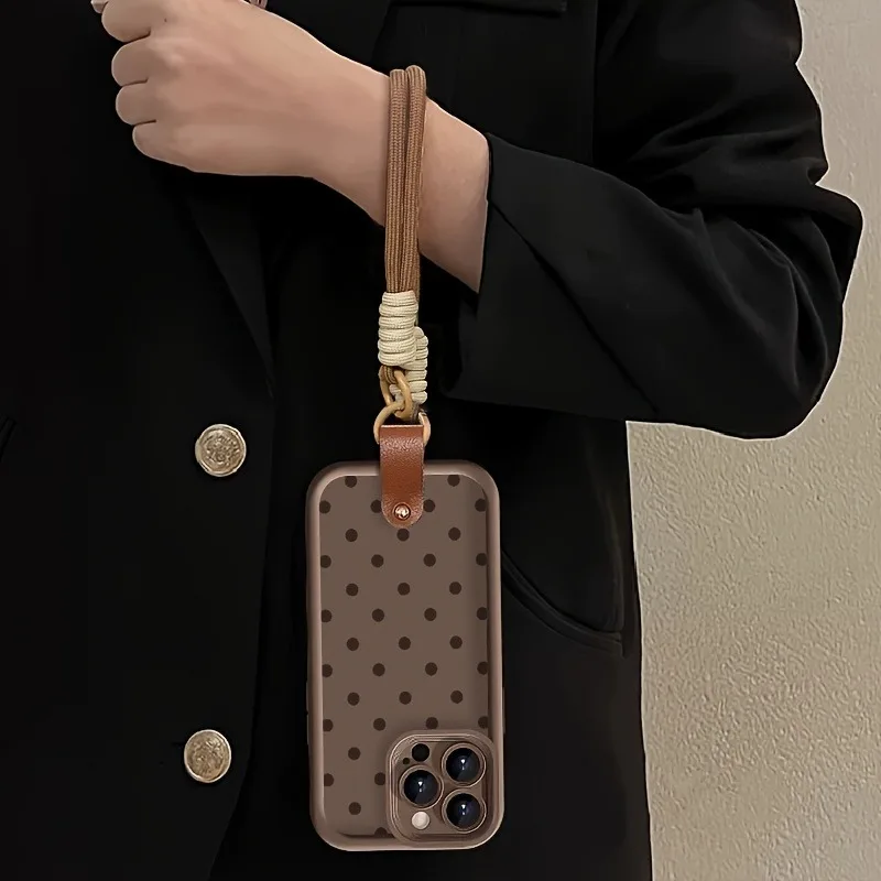 Braunes Polka-Dot-Lanyard-Handyhalterungsseil für iPhone 14 15 16 17 Pro Max 14 13 12 Pro Plus Stoßfeste Matte Silikonhülle – Detail 6