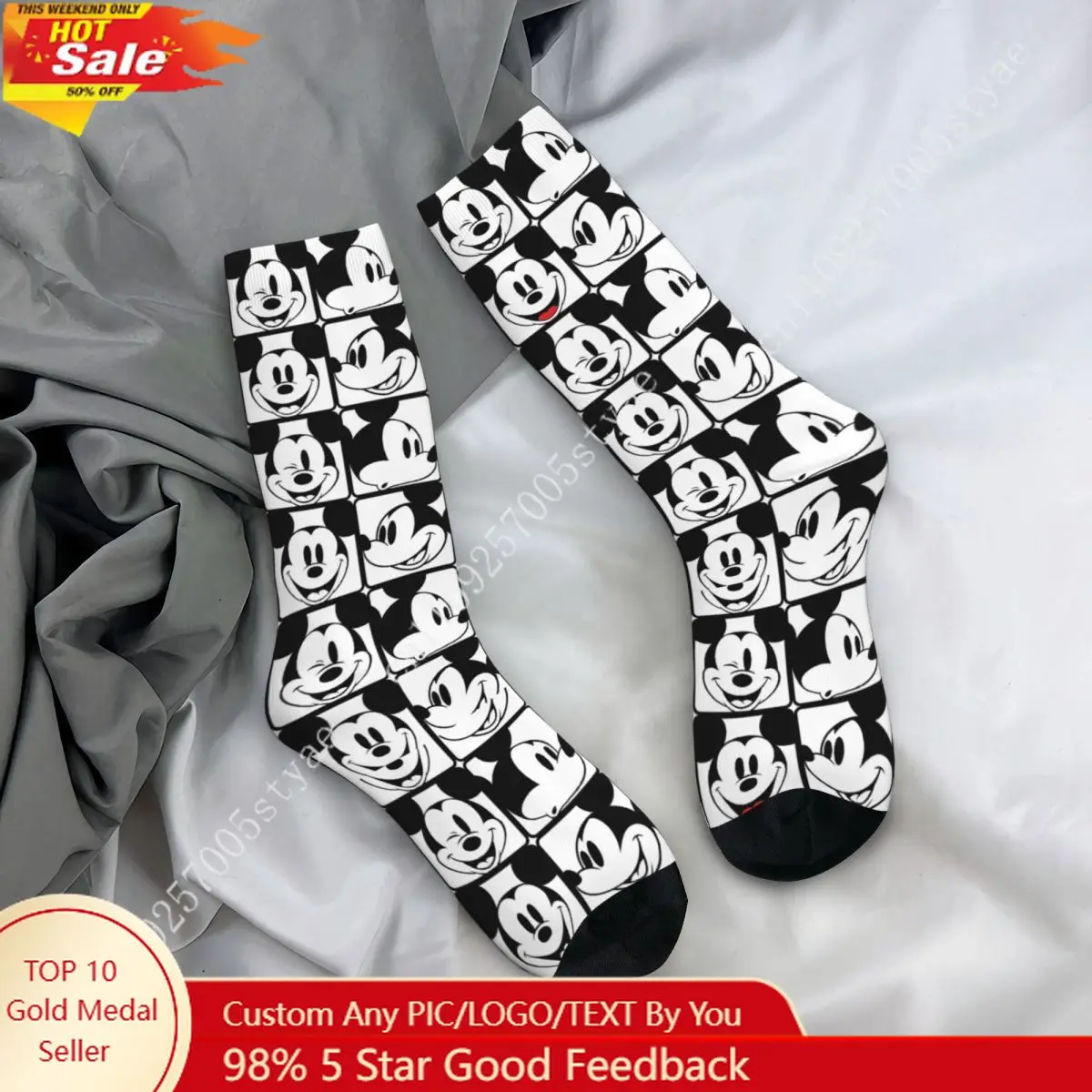 

Retro Mickey Mouse Grid Pattern Soccer Socks Polyester Long Socks for Women Men Non-slip