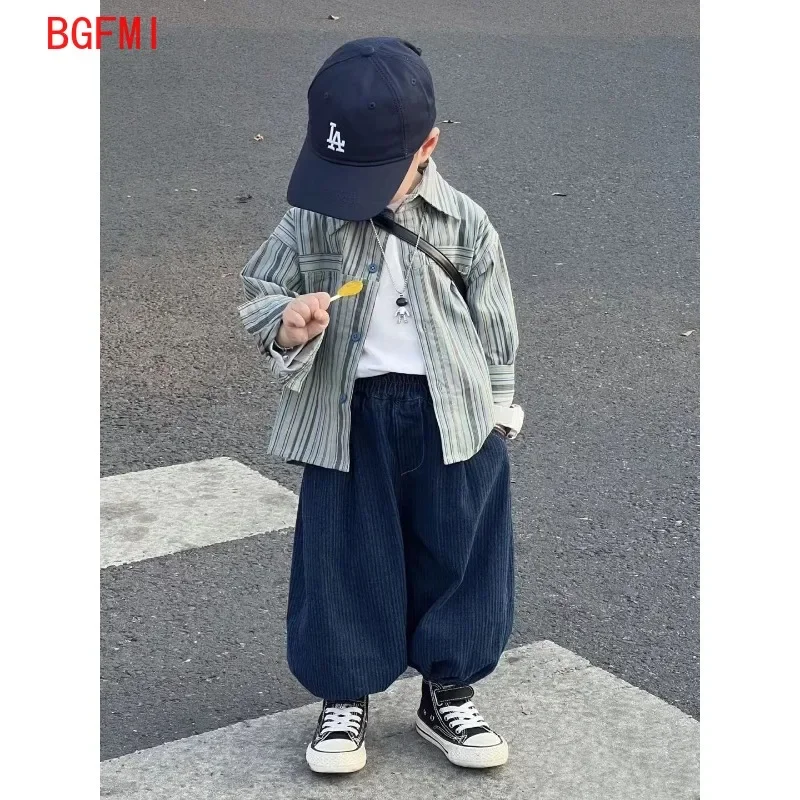 Kid Boy Spring Autumn Suit 2024 New Korean Handsome Baby Fashion Corduroy Striped Shirt and Pants Clothes Two Piece Set Outfits