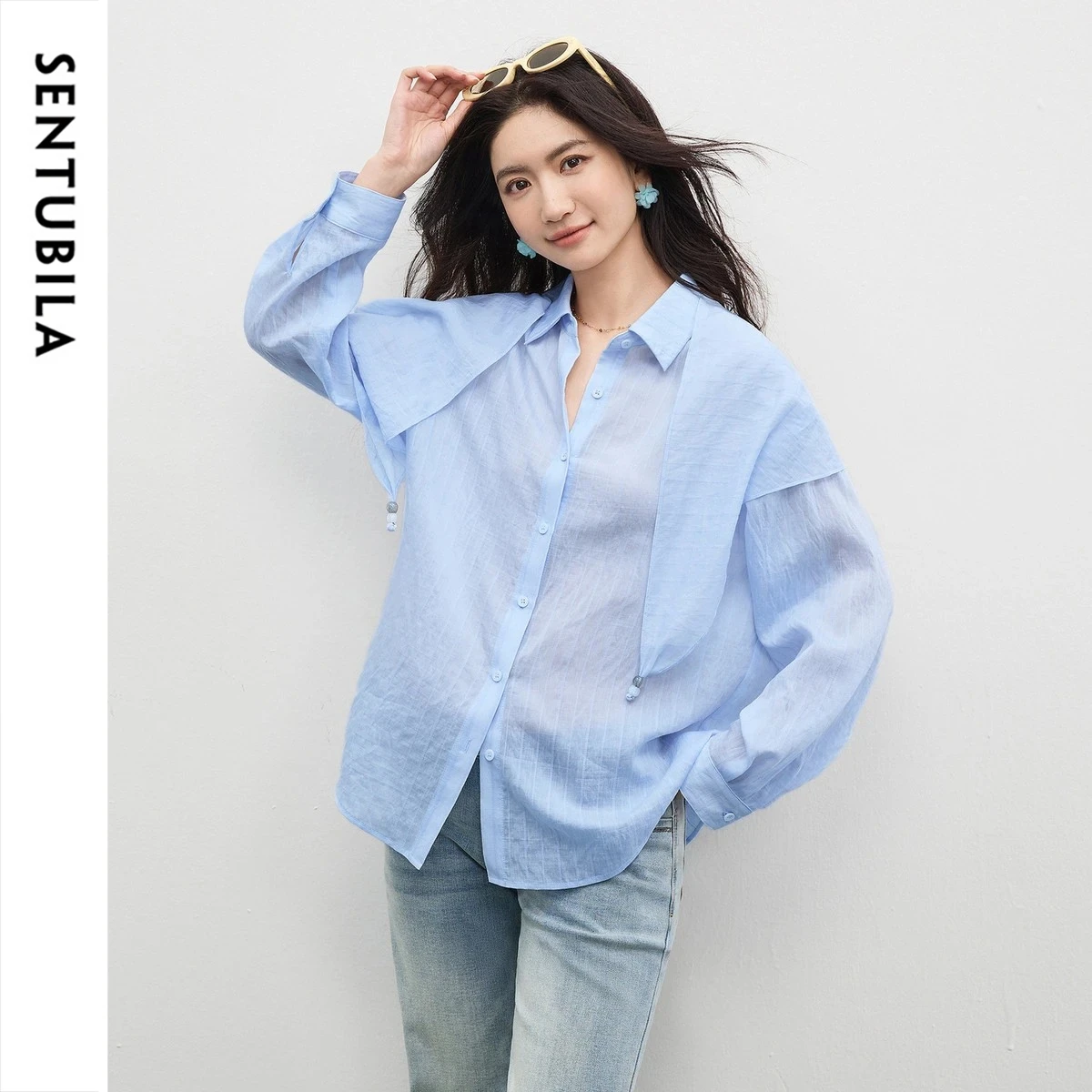 SENTUBILA Subtle Striped Shirts for Women Fashion Detachable Scarf Lapel Collar Casual Loose Fit Long Sleeve Blouse 161CH5424