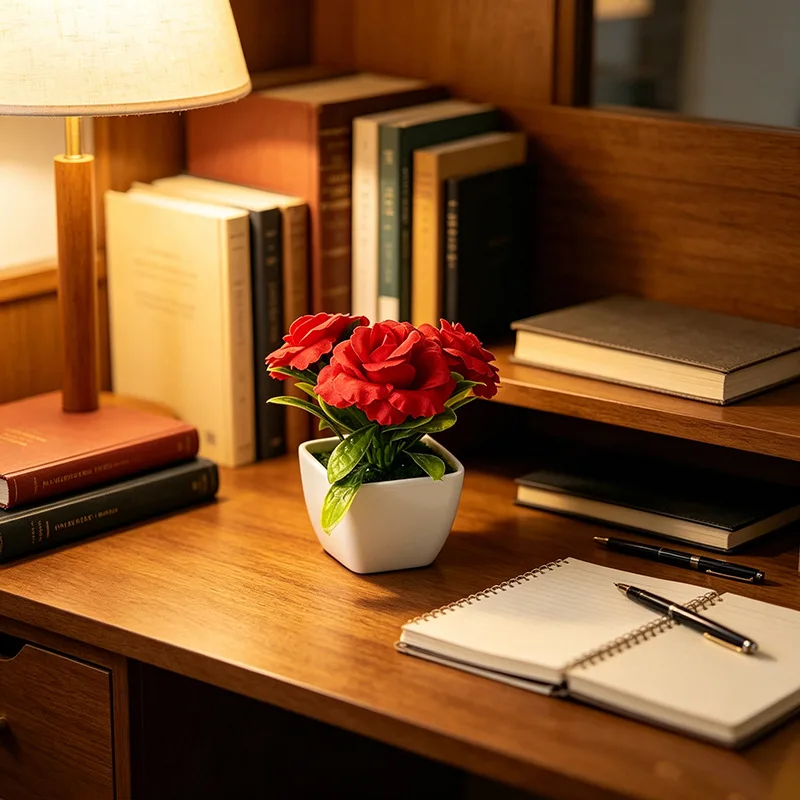 White Square Pot Containing 3 Artificial Roses with Lifelike Softness and Dimensional Greenery for Contemporary Interior Styling