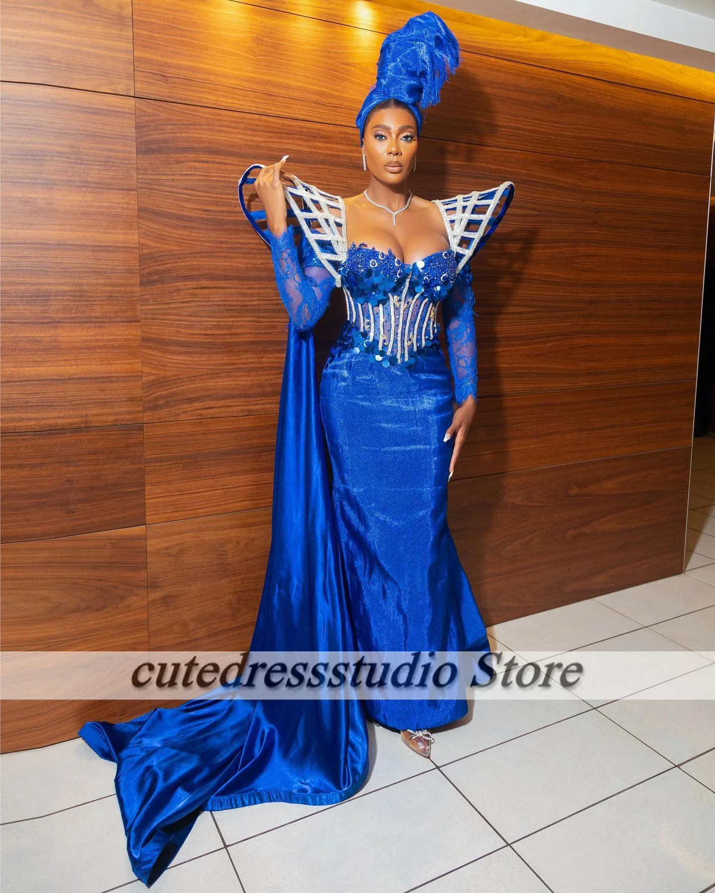 Design Aso Ebi Royal Blue abiti da sera 2025 manica lunga Sweetheart Mermaid Prom Gown perline Ankara Style Wedding Party Dress