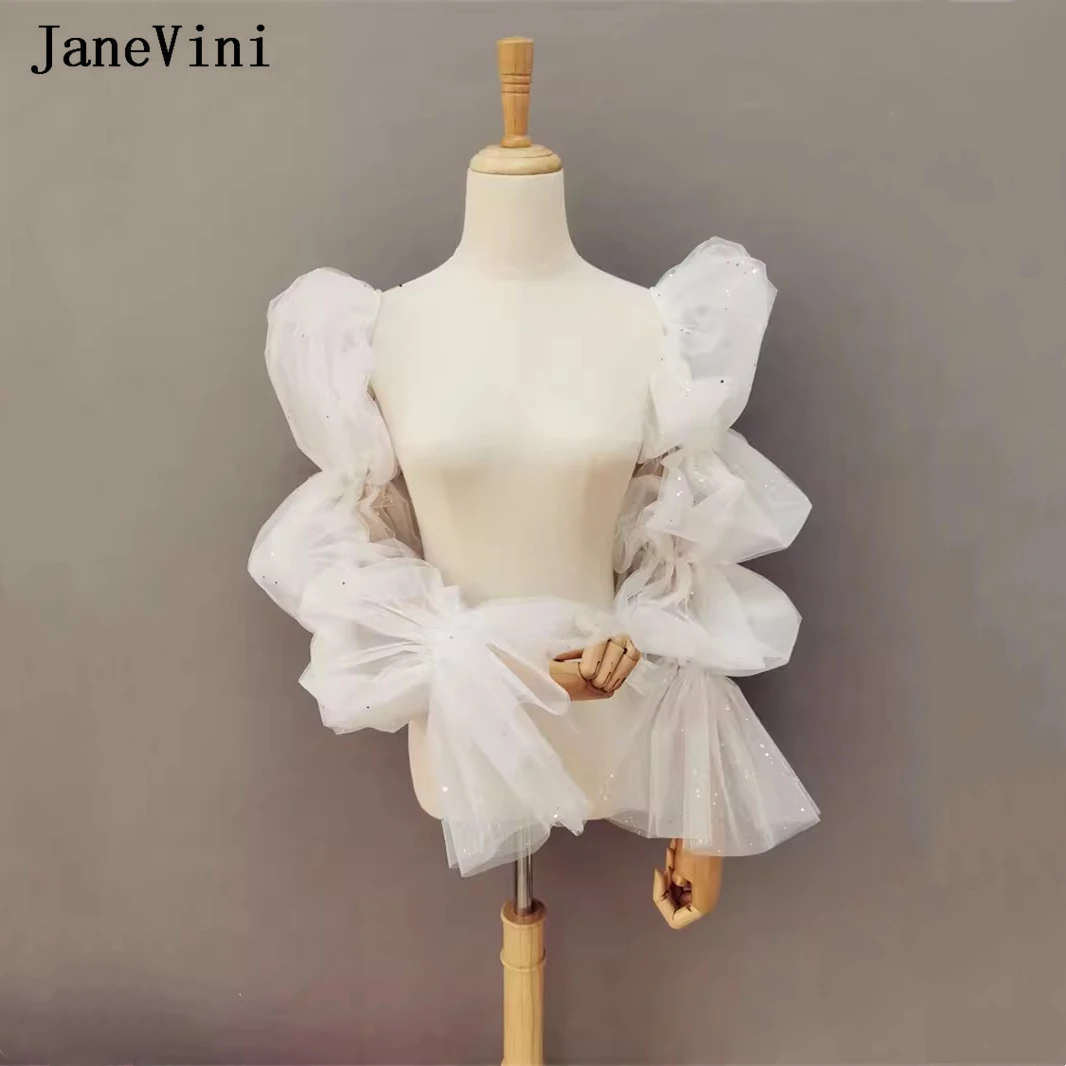 JaneVini Ivory Sequins Tulle Puff Sleeve Detachable Wedding Dress Bridal Arm Sleeves Bolero Shiny Bride Party Wrap Cape Jacket