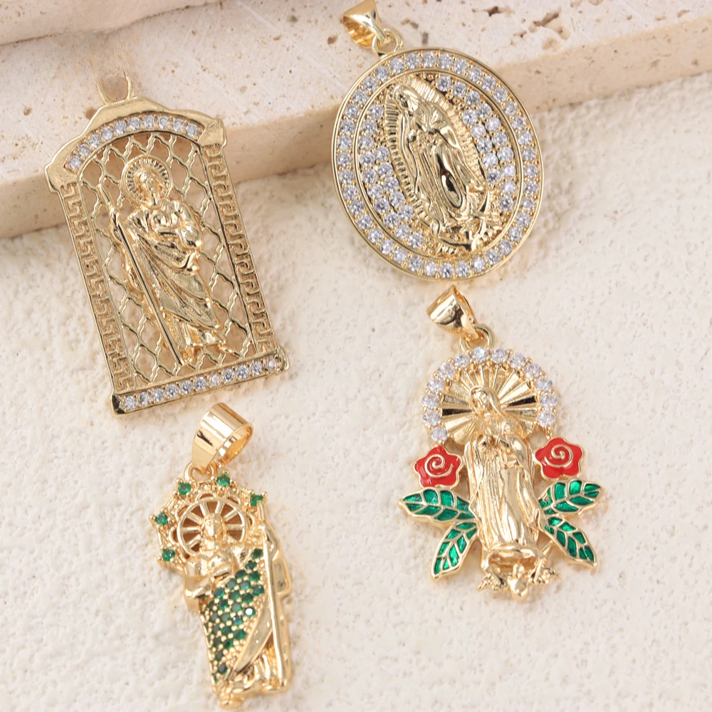 Ruixi Jewelry Fashion Catholic Madonna St. Jude Tadeo 18k Gold Plated Cadenas Con Dije Virgencita Guadalupe Pendant