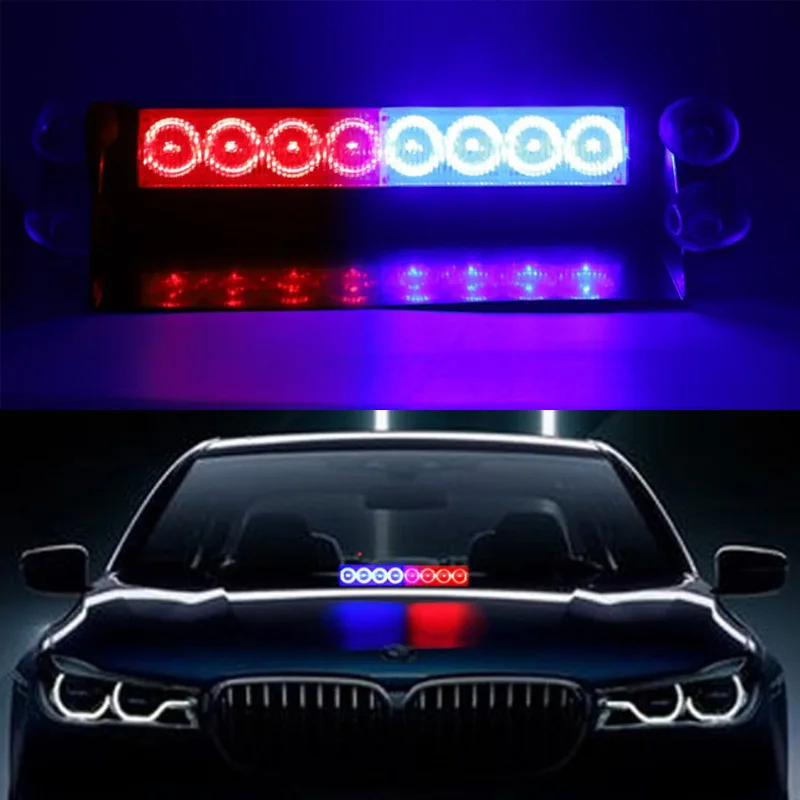 8LED Red Blue Strobe Warning Light, Windshield Mount Emergency Flashing Beacon, Police-Style Dash Light for Car/Truck