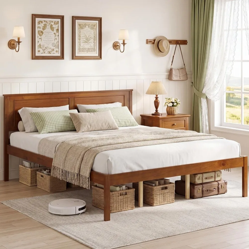 Queen Bed Frame with Solid Wood Legs and Wooden Slats