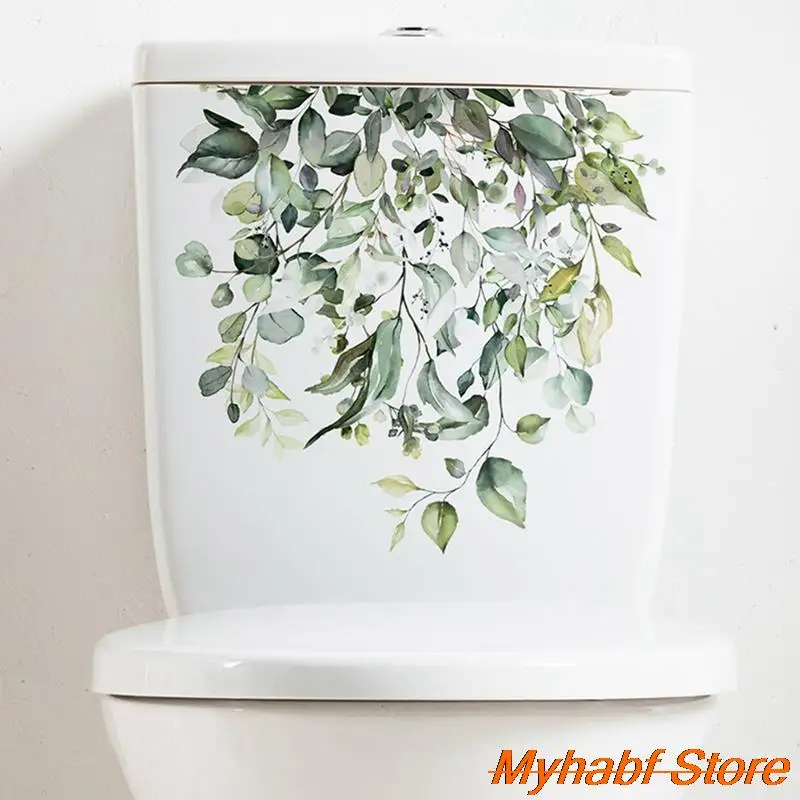 Green Leaves Toilet Seat Stickers Self-Adhesive Plant Floral Toilet Lid Decals DIY Removable Stickers for Bathroom Home Decor