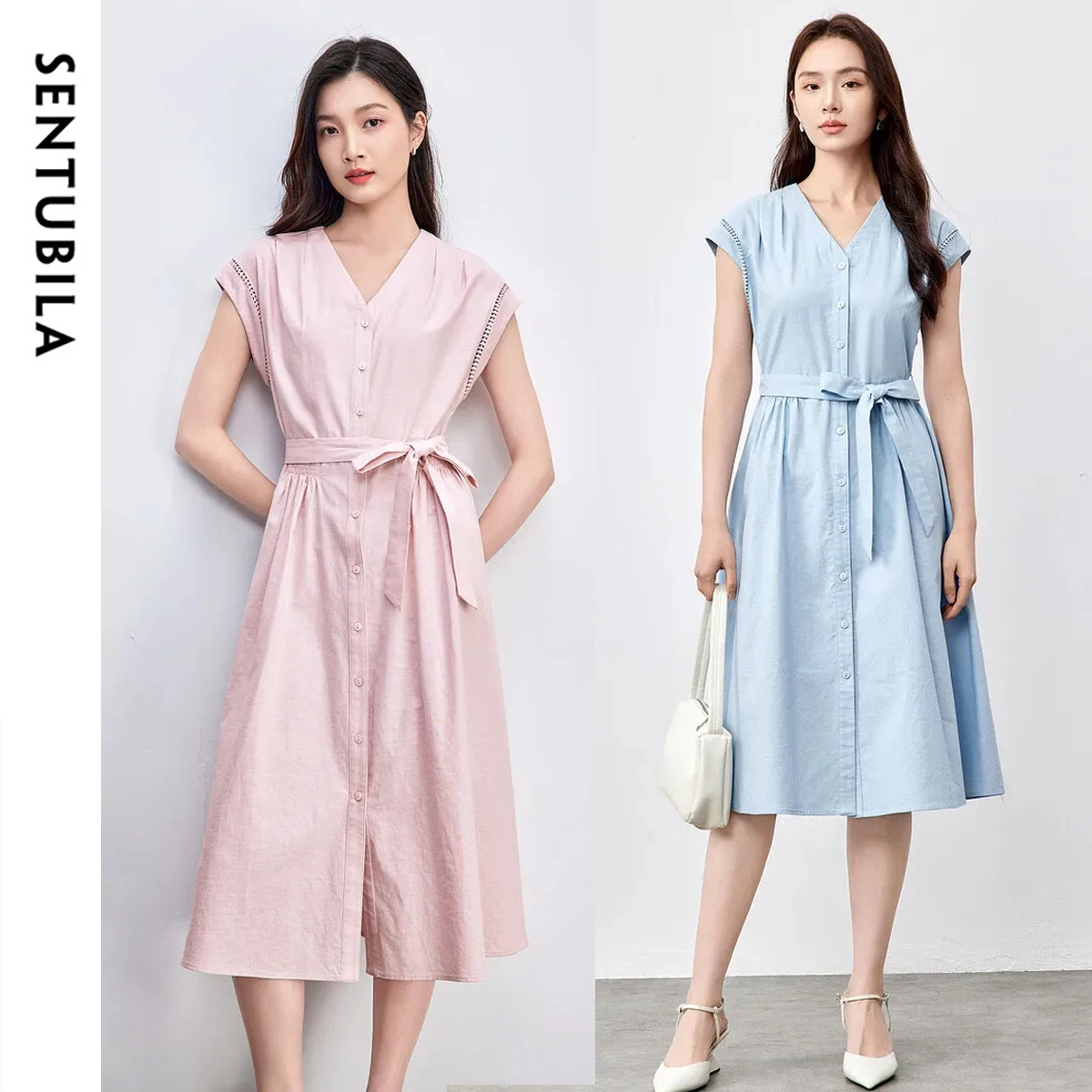 

SENTUBILA Women's Dresses 2025 Summer New Cotton V Neck Hollow Short Sleeve Single Breasted Wrap Elegant Long Dress 152L59039