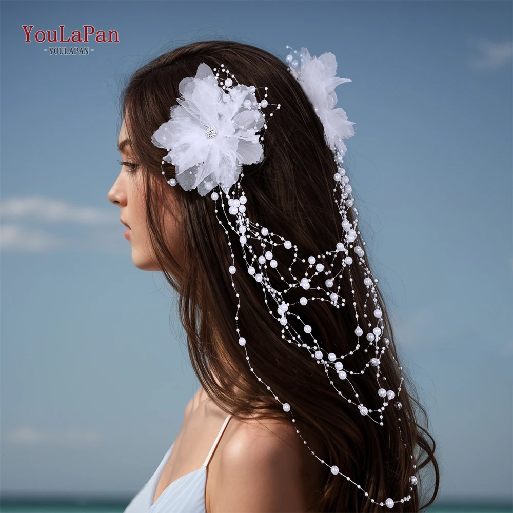 YouLaPan Handmade gauze Flower Fairy Headwear Long Pearl Tassel Wedding Headband Elegant Girl Princess Hair Accessories HP691