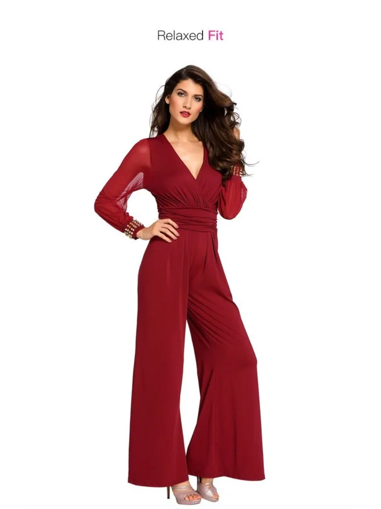 Spring Autumn 2024 Women's New Sexy V-neck Fashion Mesh Splicing Riveted Long Sleeve Straight Tube Jumpsuit Pants