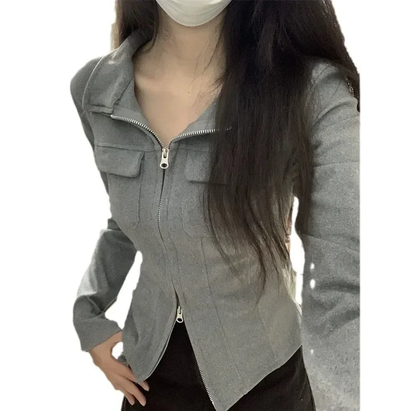 Gray Double Zipper Lapel Long Sleeves Shirt Women Spring and Autumn Design Sense  Slim Fit Slimming Inner Wear Bottoming...