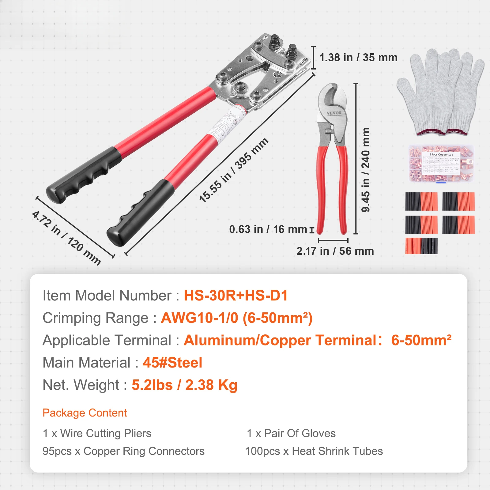 

Crimping Tool AWG Copper And Aluminum Terminal Battery Lug Crimper, 6 Wire Sizes Crimping Die, With A Cutting Pliers, Gloves,