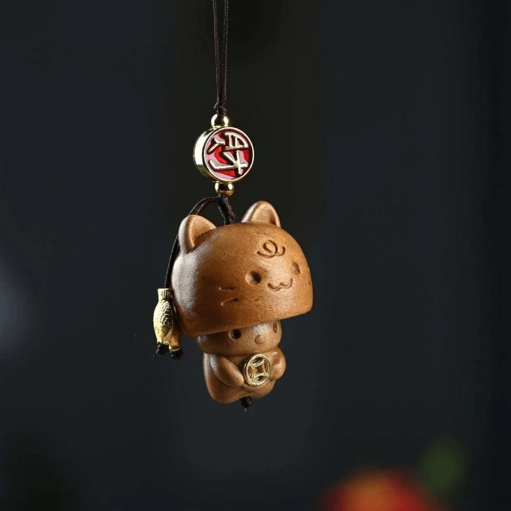 Cartoon Beech Wooden Cat Phone Chain Cute Hand-carved Bag Charm Creative Movable Car Hanging Ornament Gift Idea