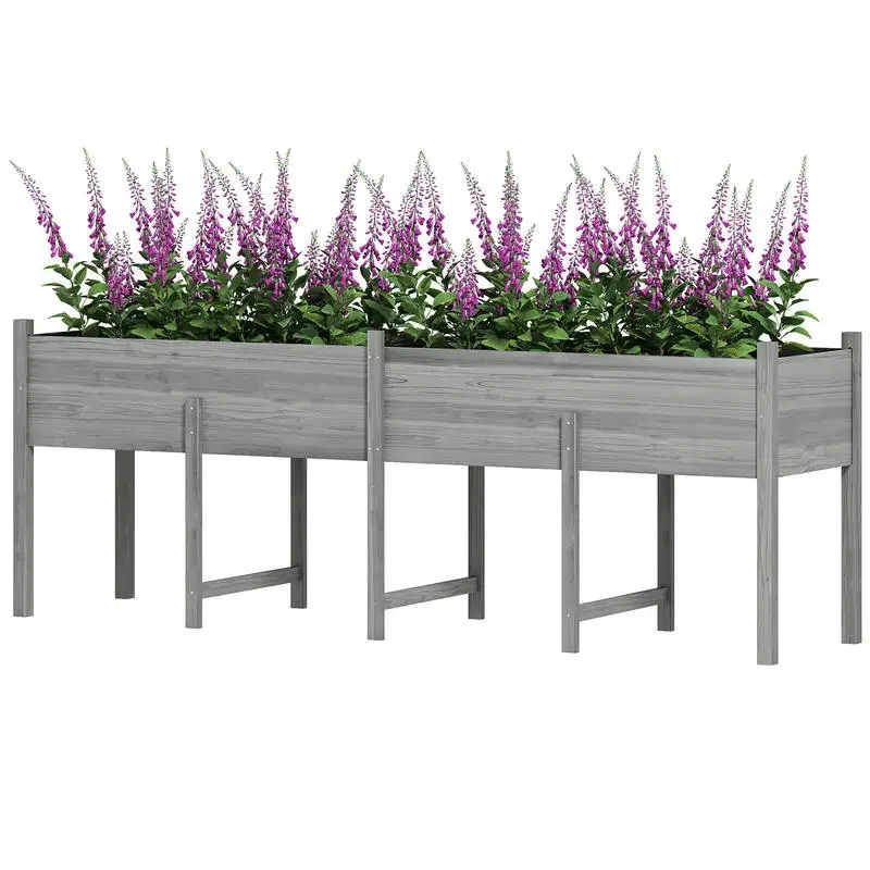 

Wooden Raised Garden Bed, Large Elevated Planter Box with Legs, Bed Liner and Drain Holes, 7.4' x 1.8' x 2.6', Gray