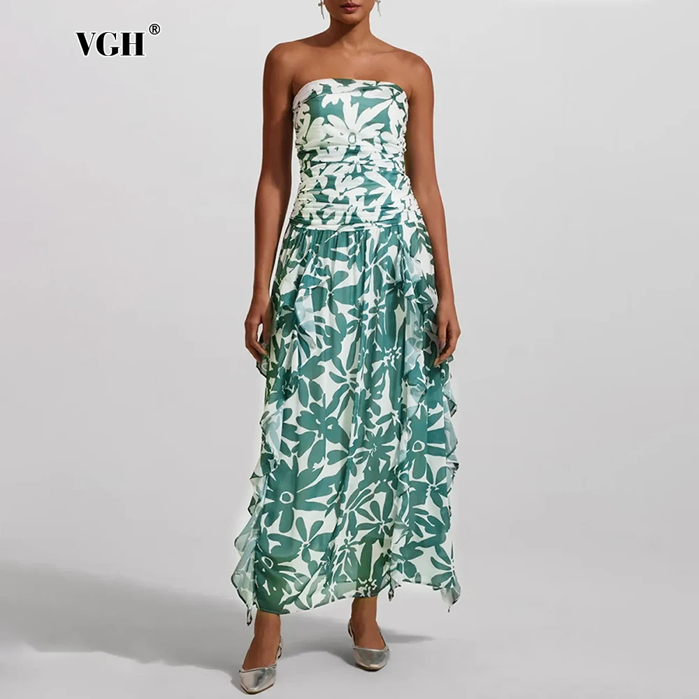 VGH Floral Print Slim Hit Color Long Dress for Women Strapless Sleeveless Backless High Waist Ruffles Sexy Camis Dresses Female