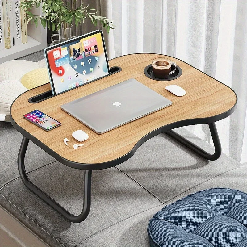 Foldable Bedside Desk with Rounded Safety Corners, Built-in Cup Holders & Tablet/Phone Slots - Compact Space-Saving Design