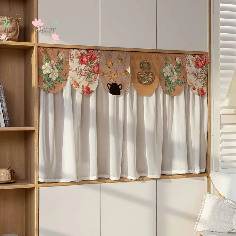 Elegant Quiet Ancient Charm Curtain Cabinet Shade Curtain, White Gauze No-Perforation Need-to-Drill Blackout Sunshade Curtain,
