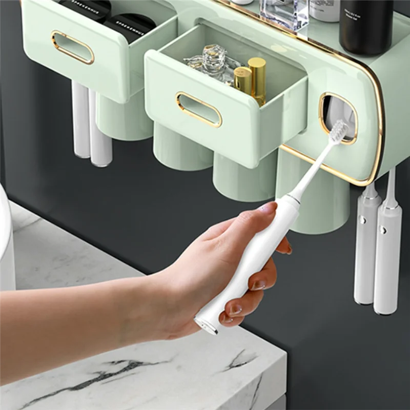 Toothbrush Holder 2 Automatic Toothpaste Squeezer Dispenser Storage Rack Bathroom Accessories Set