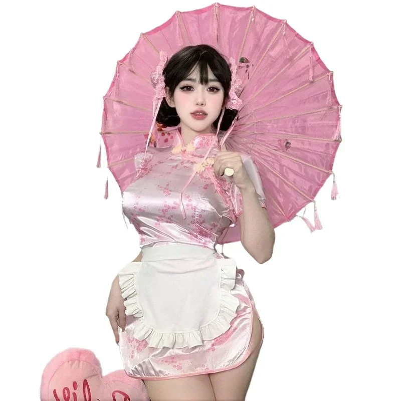 Sexy Slimming Chinese Style Cheongsam Dress with Apron National Trend Small Kitchen Girl New Modified Chinese Dress