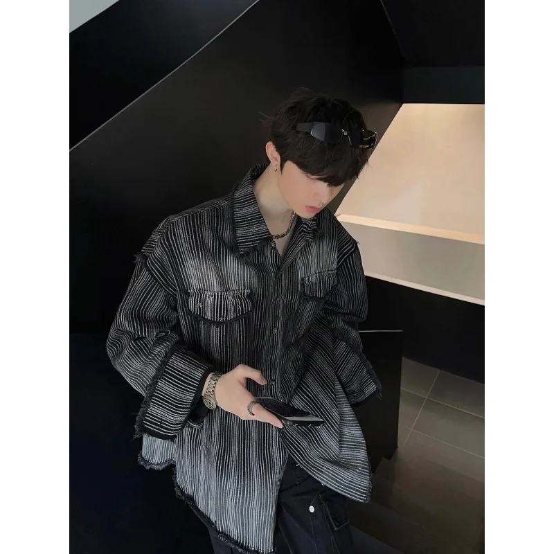 

American Retro Gradient Striped Shirt for Men and Women Spring Turn-down Collar Loose Single Breaste Shirt Casual Stylish Tops