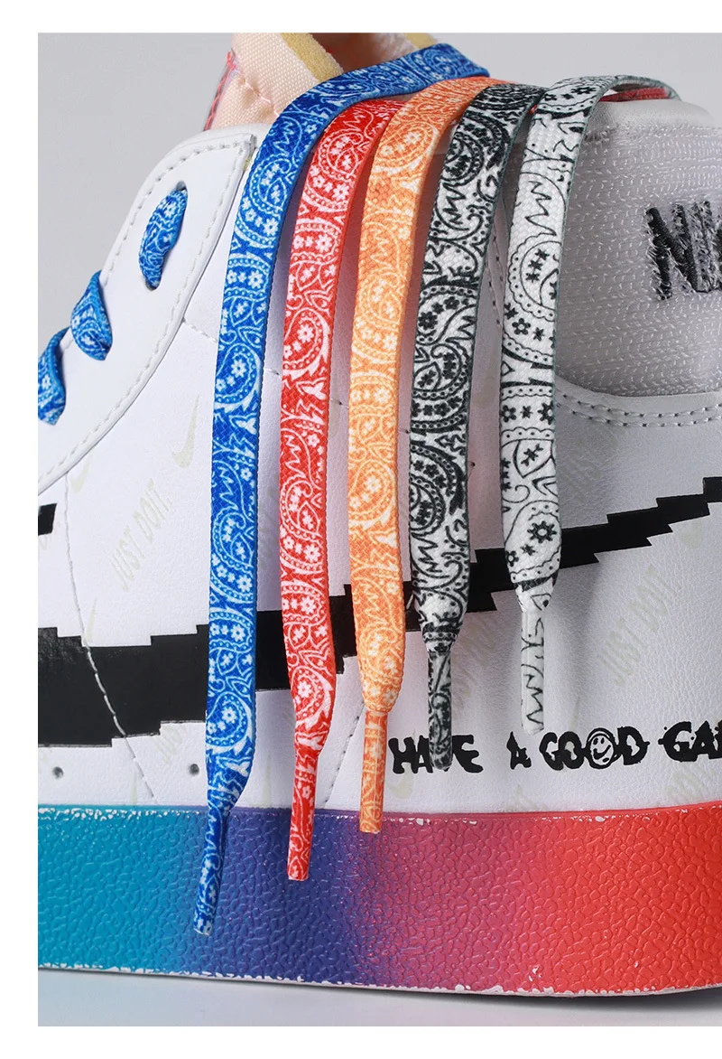 1 Paar farbige Schuhbänder mit Cashewblumenmuster, flache Schuhbänder für Sneaker, kreative, farbenfrohe Schuhbänder mit Farbverlauf, für Damen und Herren. – Detail 7