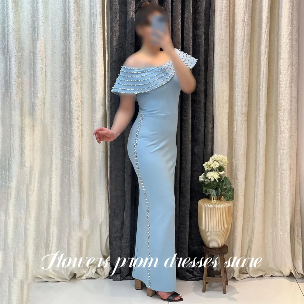 

Flowers Blue Prom Dress Off Shoulder Party Dress Beaded Trumpet Evening Dress Pleats vestido fiesta فساتين مناسبة ر Customized