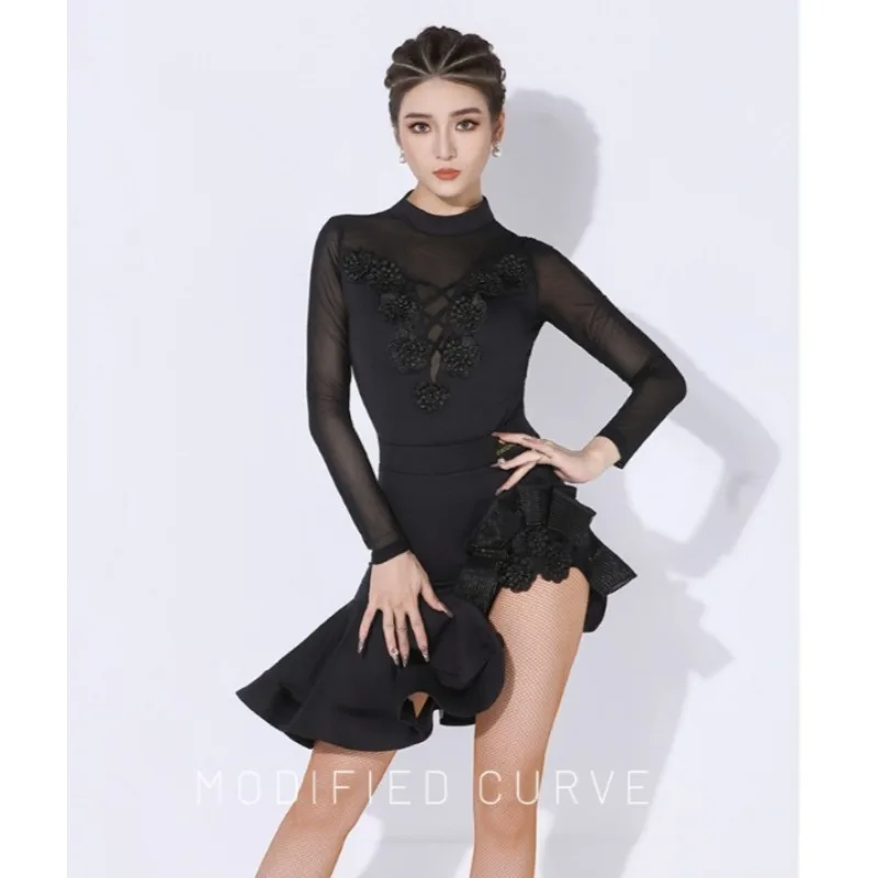 تخصيص فستان رقص اللاتينية مجموعة الكبار طويلة الأكمام أداء الملابس الإناث مثير ممارسة دعوى فستان رقص السالسا