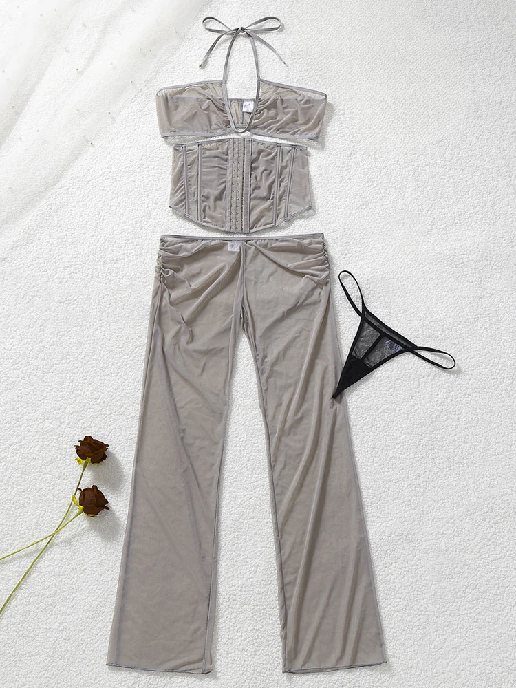 Belamimi New Perspective Cross Wrap Halter Shaping Slim Sexy Lingerie 4Pcs Women Club Party Night Outfit Erotic Costume