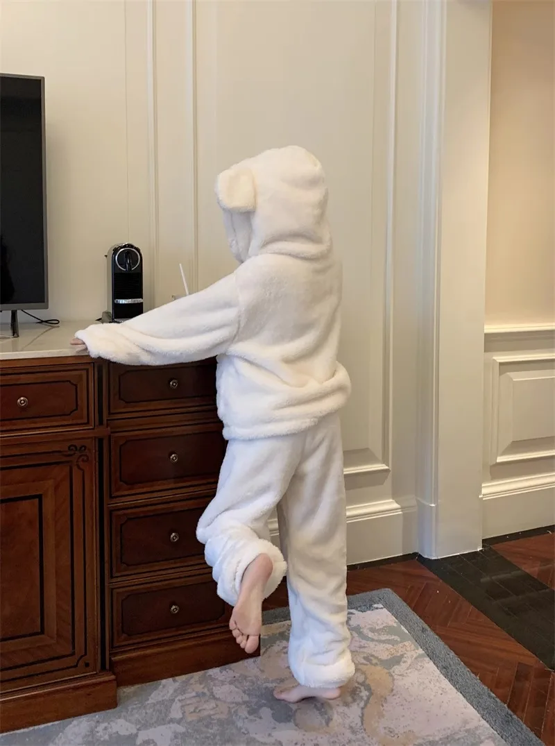 Japanese Original Coral Fleece Warm Strawberry Printed Hooded Pajamas Women's  Winter Fleece Thickened Sweet Loungewear Set