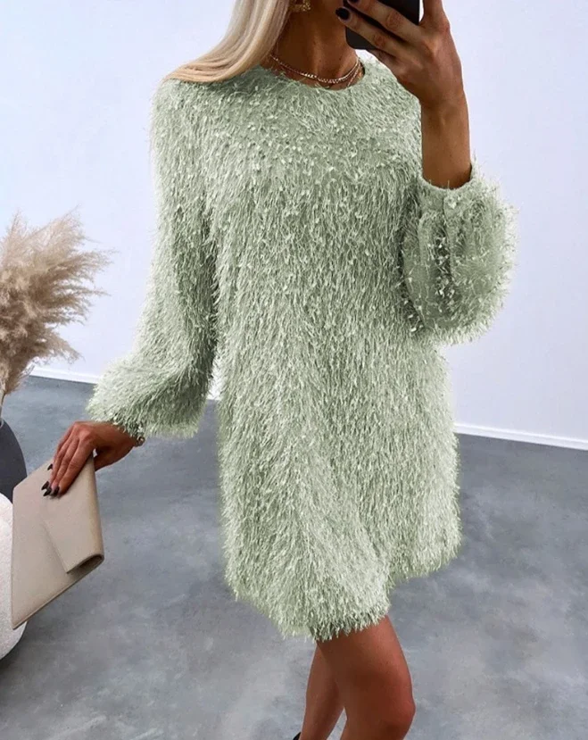 Women\'s Party Dress 2024 Spring Autumn New Fashion Round Neck Long Sleeve Fluffy V-Neck Casual A Line Daily Mini Dress