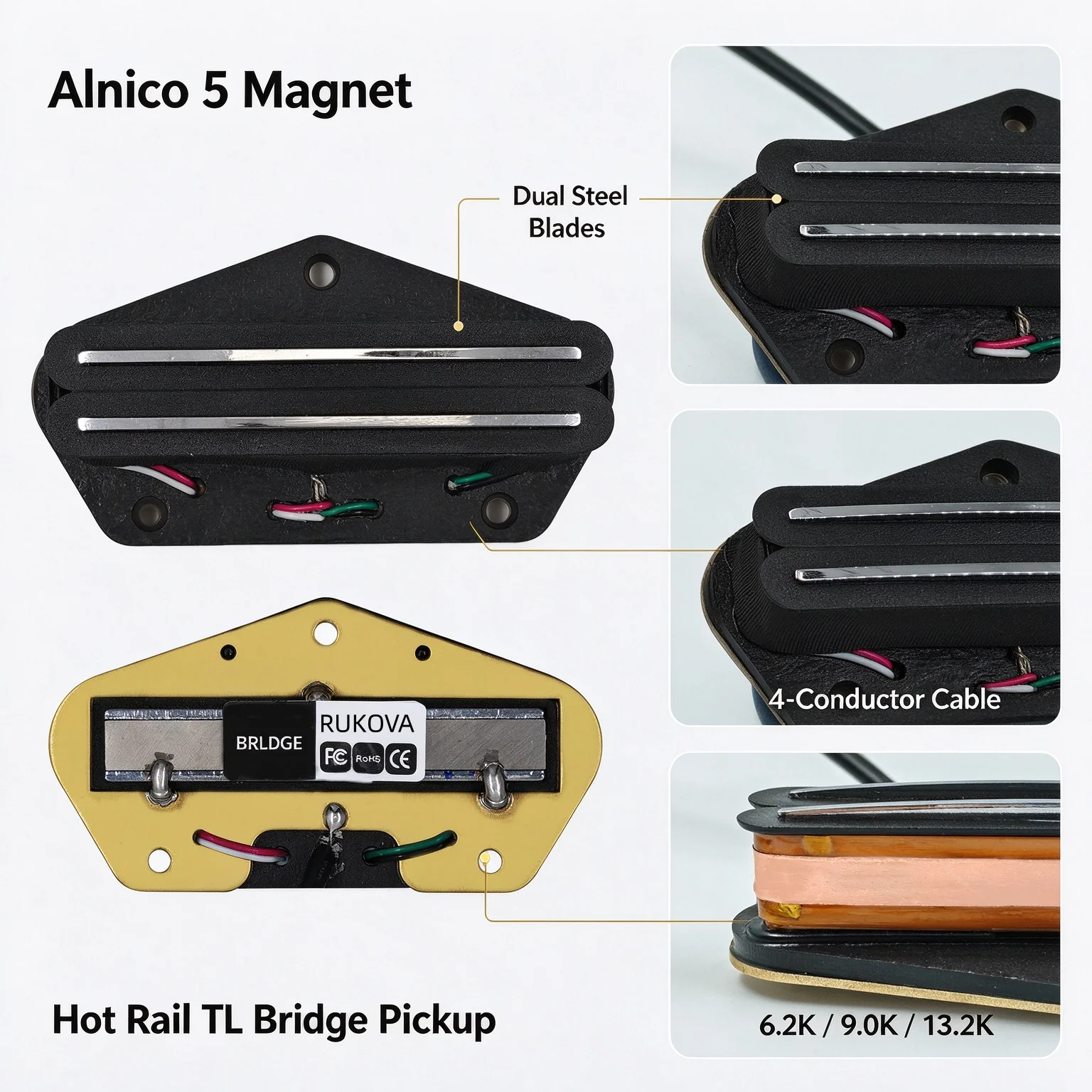 RUKOVA Alnico5 Hot Rail TL Pickup, Single Coil Sized Humbucker Bridge Pickup, 6.2K/9.0K/12K Options for FD TL Electric Guitar
