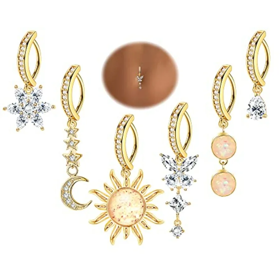 

6 Pcs 14G Clicker Belly Button Ring for Women 316L Surgical Steel Butterfly Snake Evil Eye Heart CZ Opal Dangle Belly Button Ri