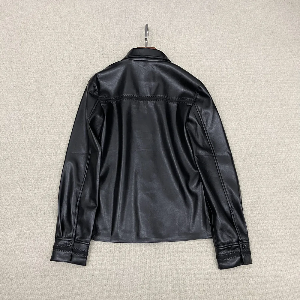Women'S Black Long-Sleeve Leather Shirt – 2026 Autumn/Winter New Arrival: Retro Biker-Style Paneled Collared Top