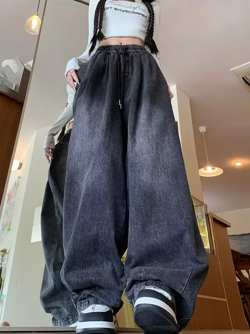 

Vintage American Style Elastic Waist Denim Jeans Women's Washed Men's Casual Straight Leg Wide Leg Pants Autumn Wear