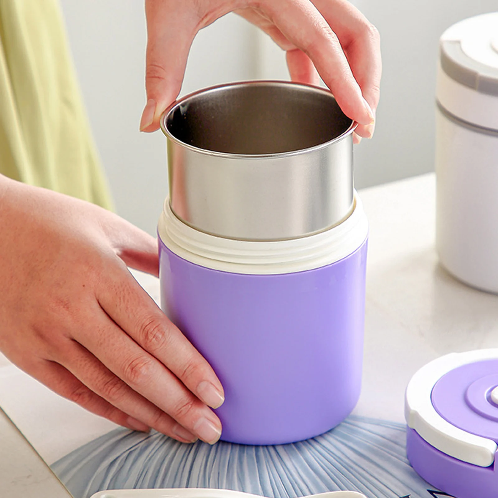 

Stainless Steel Insulated Cup Portable Soup Mug Breakfast Cereal Thermal Purple Silicone Lid Container Food Kitchen