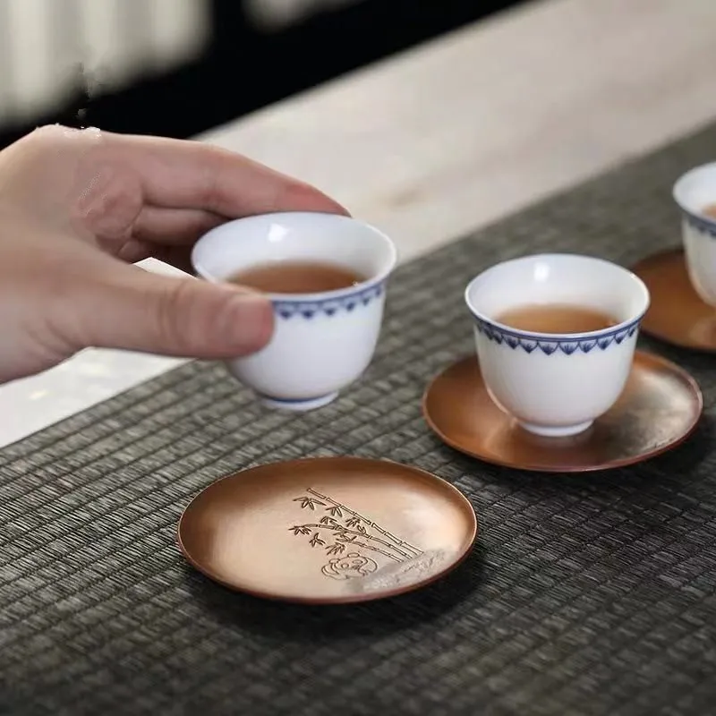 

Silver Plated Carved Copper Cup Saucer Pure Copper Thickened Kung Fu Tea Coaster Heat Proof Mat Coasters Tea Ceremony