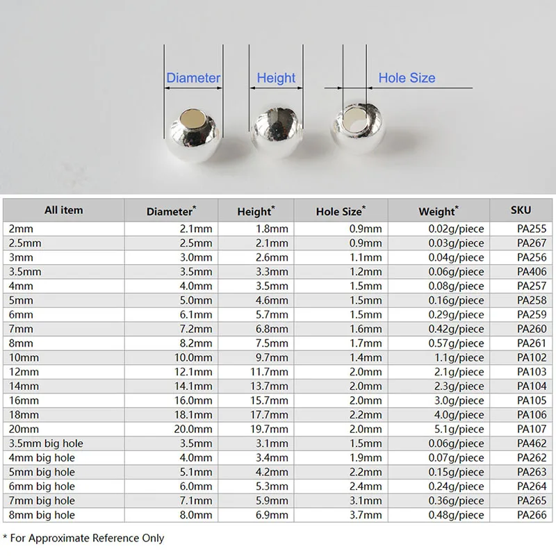 2mm-20mm Solid 925 Sterling Silver Beads for jewelry making, S925 silver balls to make bracelets and necklaces.