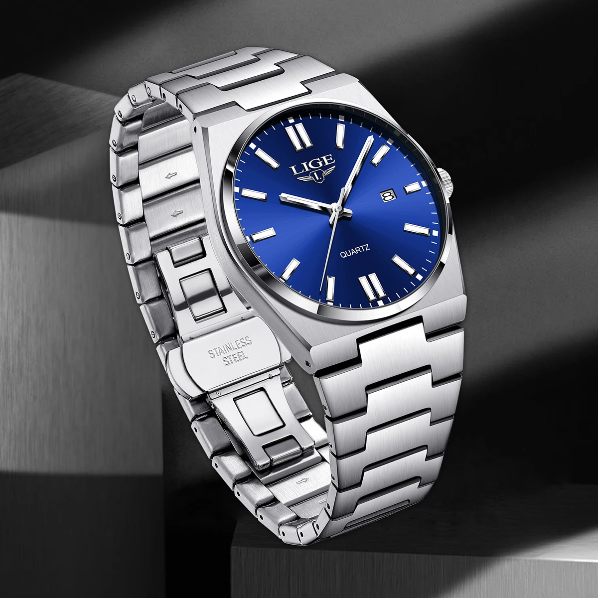 LIGE-Montre à quartz avec bracelet en acier pour homme, horloge bleue étanche, date et calendrier, marque de mode d'affaires originale