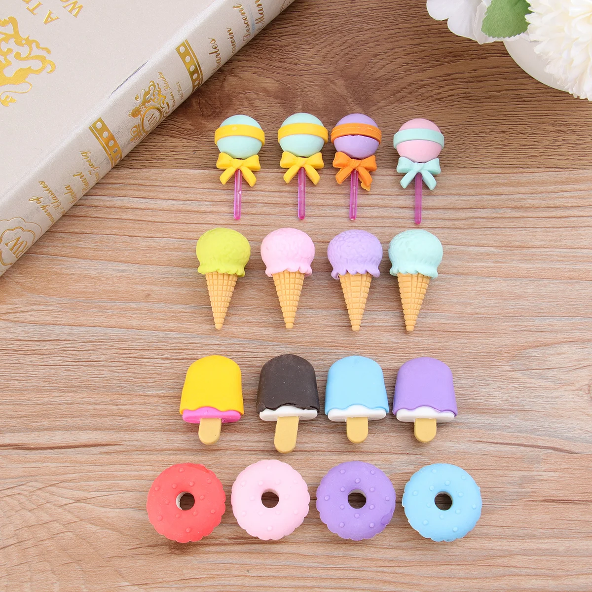

4Pcs Adorable Shape Pencil Eraser Soft Comfortable for Students Art Drawing Office Use Ice Cream Cone Lollipop Doughnut 1 Box