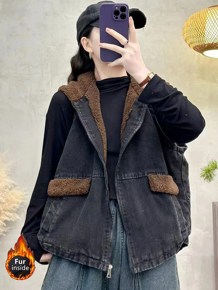 Max LuLu Fur Hooded Winter Females Denim Vest Vintage Loose Harajuku Warm Thicken Sleeveless Clothes Classic Leisure Waistcoats