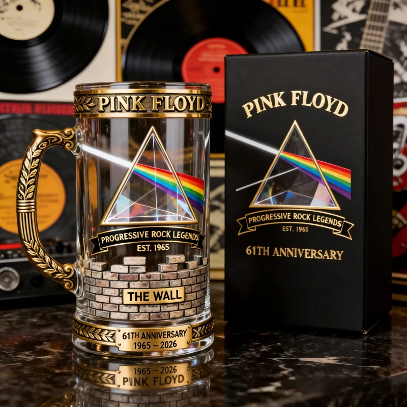 Caneca de Cerveja Comemorativa Pink Floyd 61º Aniversário - 1965-2026, Caneca de Vidro Prisma The Dark Side of The Moon para Fãs de Rock