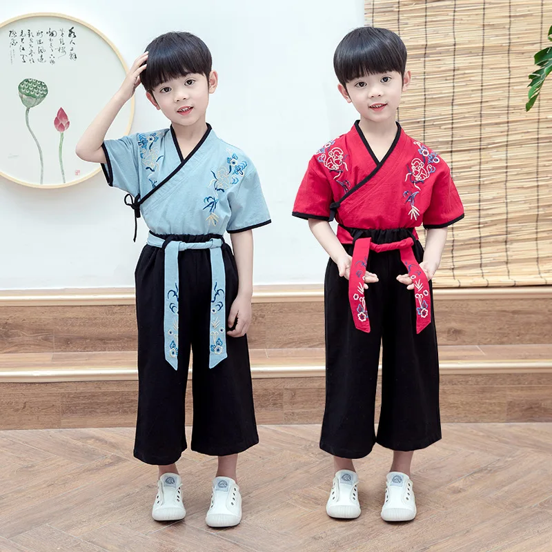 Boys Cotton New Retro Red Chinese Style Traditional Hanfu Vintage Button Embroidery Tang Suit Two Piece Set Role Play Costume