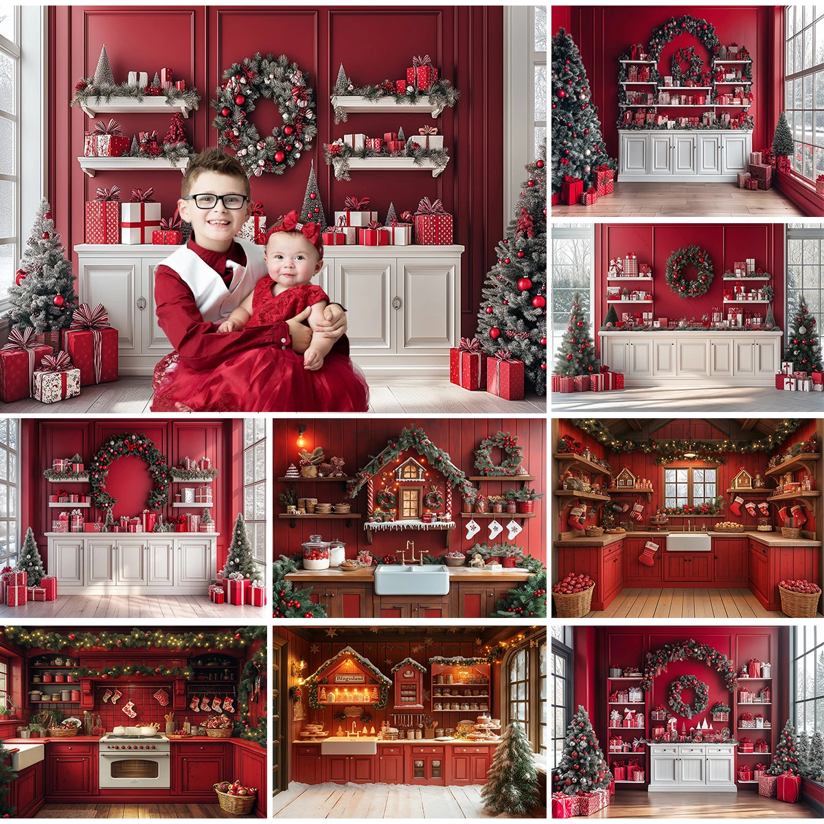 Christmas Gingerbread House Kitchen Backdrop Adult Family Party Photo Studio Xmas Red Wall Cabinets Wreath Background Banner