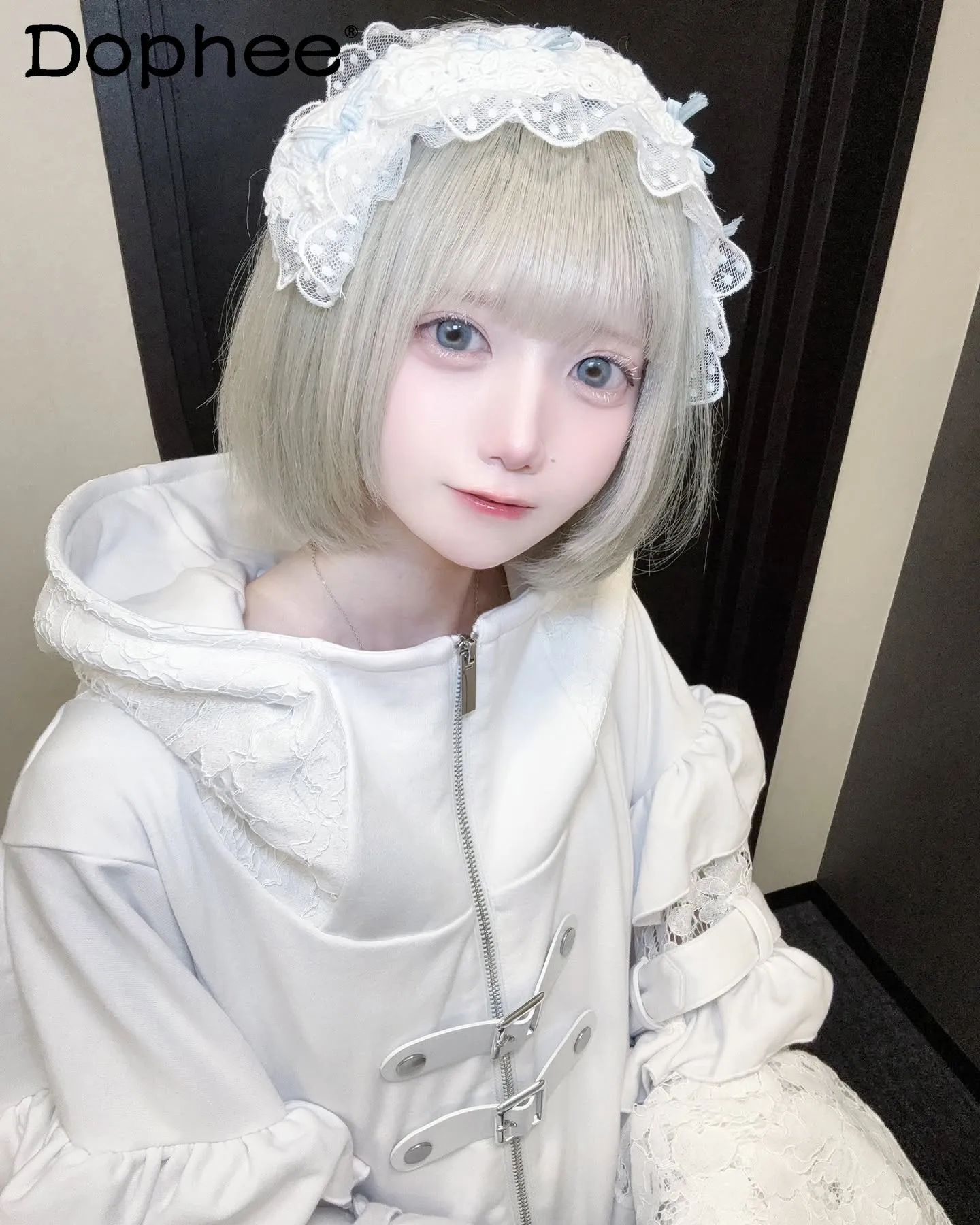 

Y2K Subculture Dark Punk Lolita Cardigan Japanese Sweet and Cool Girl Lace Casual Loose Zip-up Hooded Jacket