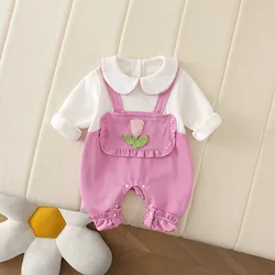 MILANCEL New Autumn Baby Girls Clothes 0-2 Y Tulip False 2pcs Patchwork Rompers Toddler Peter Pan Collar Jumpsuit